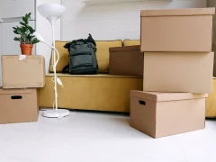 Cartons de déménagement empilés dans un salon avec canapé, lampadaire et sac à dos