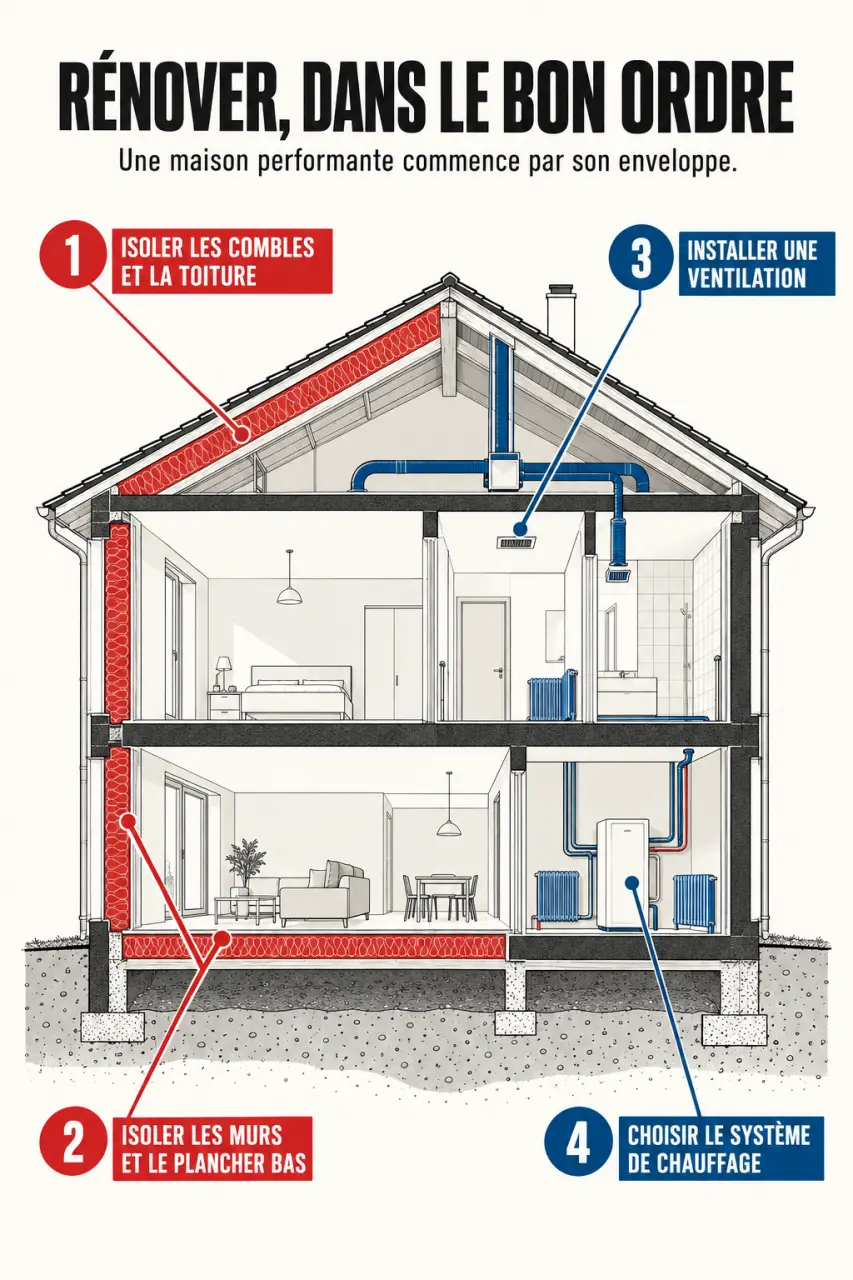 Ordre des travaux pour valoriser son patrimoine immobilier grâce à une rénovation énergétique efficace : enveloppe, ventilation, chauffage